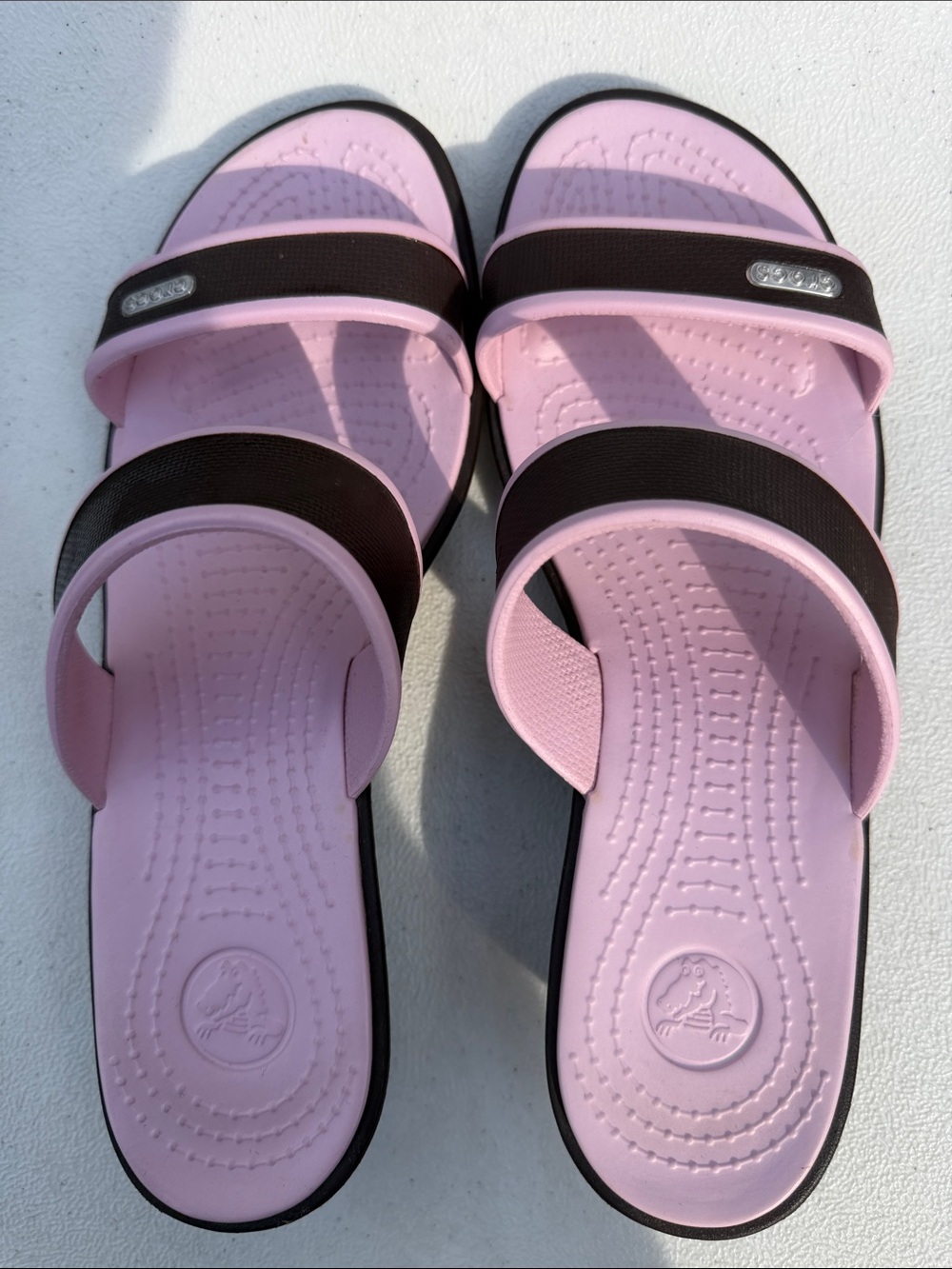 CROCS Women's Pink and Black Dual-Strap Slide Sandals